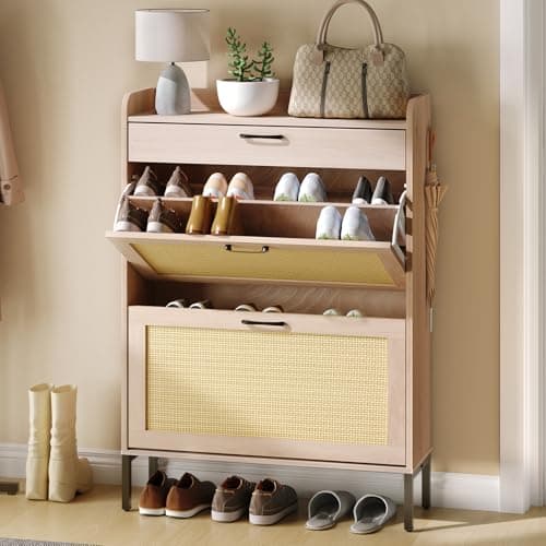 Airynee Rattan Shoe Storage Cabinet with 2 Flip Drawers and 1 Drawer, Narrow Freestanding Shoe Cabinet for Entryway, Slim Hidden Shoe Organizer Cabinet with Metal Legs for Hallway Living Room, Bedroom