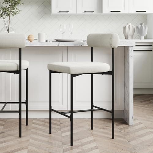 Nathan James Dahlia Counter Height Chair, Boucle Upholstered Modern Barstool with Back, Mid-Century Metal Legs and Padded Cushion for Kitchen, Island and Bars, Light Cream Boucle/Black