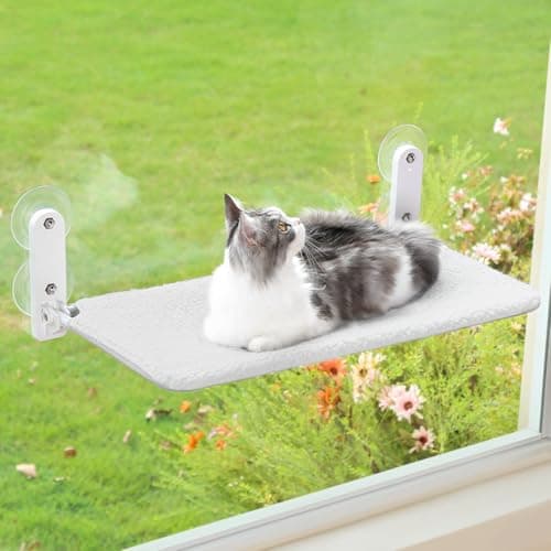 Zakkart Easy Fold Cat Window Perch - Cordless, Fold-Up, Zip Closure Embeded Machine Washable Bed Cover, Robust Metal Frame - Cat Hammock for Window for Large Cats and Kittens (White, Medium)