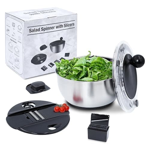 Jikoni Yetu Stainless Steel Salad Spinner Large 5.28Qt - Lettuce Spinner With Strainer - Salad Spinners Best Rated For Home Kitchen Washing - - Includes Vegetable Slicer.