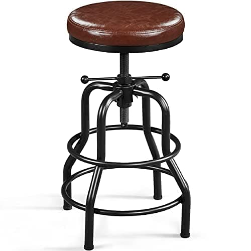 Yaheetech Industrial Bar Stool Vintage Counter Height Adjustable Metal Kitchen Stool with Round Faux Leather Seat 21.5-28 Inch Tall Brown, 1PCS