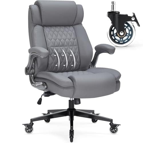 Large High Back Office Chair with Flip Arms- Executive Desk Chair with Locking Wheels, Adjustable Lumbar Support, Ergonomic Synthetic Leather Computer Chair Prevents Cats Scratching, Grey