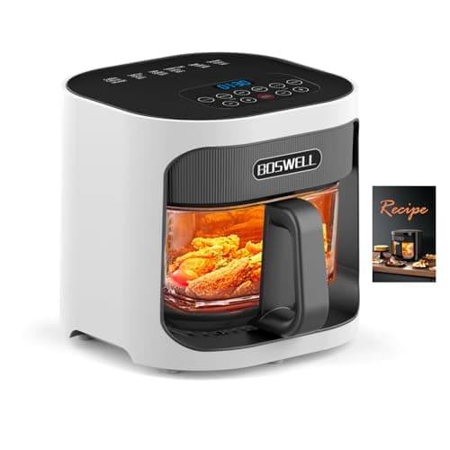 BOSWELL 4.5QT Glass Air Fryer - 6-in-1 with Transparent Bowl | Circulating Air for Crispy Results | Bake, Broil, Air Fry | Temperature Control, Dishwasher Safe (White)