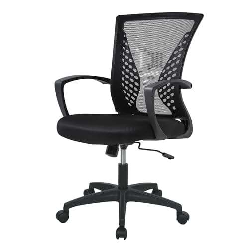 FDW Home Office Chair Mid Back PC Swivel Lumbar Support Adjustable Desk Task Computer Ergonomic Comfortable Mesh Chair with Armrest (Black)