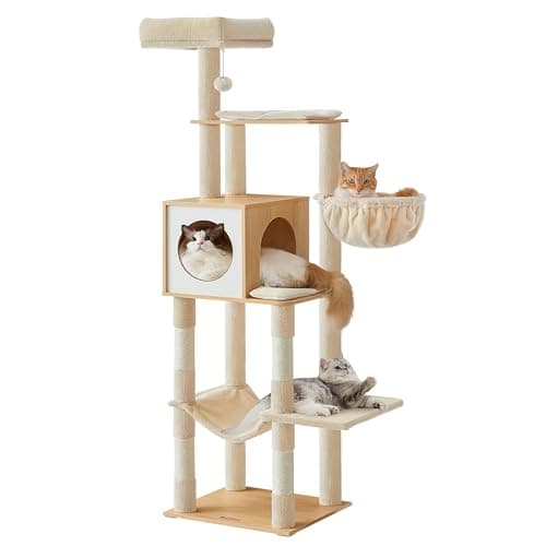 Feandrea Cat Tree, 65-Inch Tall Cat Tower, Multi-Level Condo with Cave, Basket, Hammock, Pompom, Scratching Posts, Almond Yellow UPCT118Y01