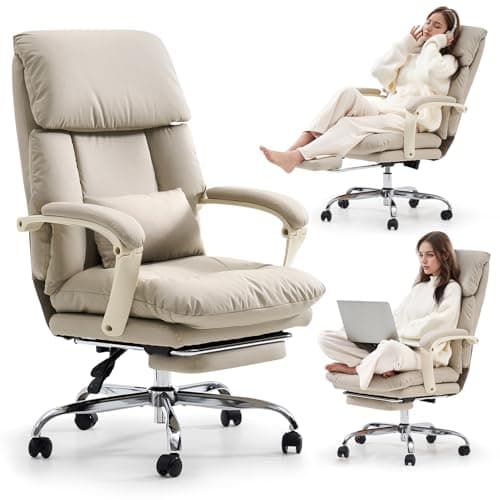 EMIAH Office Chair with Foot Rest, Ergonomic Executive Office Chair with Arms, Reclining High Back PU Leather Comfy Swivel Computer Desk Chairs with Wheels and Lumbar Support for Home Office, Beige
