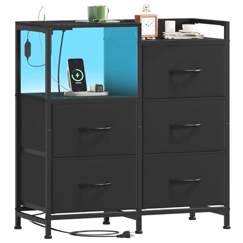 Somdot Black Nightstand with Charging Station and LED Light, Wide 5 Drawers Dresser for Bedroom with Fabric Bins and Open Shelf for Bedroom Kids Closet Dorm Guest Room, Black