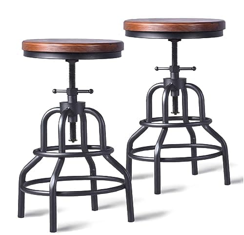 LOKKHAN Vintage Industrial Bar Stool-Rustic Swivel Barstools-Round Wood Metal Base-Kitchen Counter Height Adjustable Pipe Stool-Cast Steel Chairs 20-27 Inch (Set of 2)