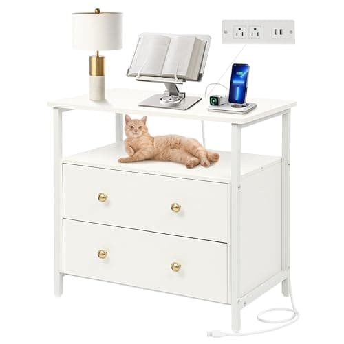 Edbuosy 27 inch Wide Night Stand with Charging Station, Bedside Table with Open Shelf, 2 Drawers Small Wood Dresser, Modern Wood Nightstand for Bedroom/Living Room (White)