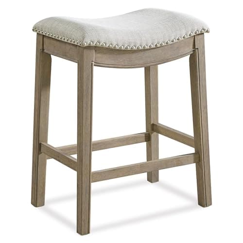 ROME + OAK Parker 26 Inch Counter Stool, Backless Saddle Kitchen Barstool in Reclaimed Oak Finish with Ash Grey Fabric Upholstery Cushion Seat