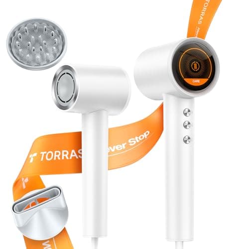 TORRAS Stream High Speed Hair Dryer, Arctic White, 1600W, Hair Care Mode, 200 Millions Ionic Technology, 3 Speeds & 3 Heat Levels, with Concentrator & Diffuser