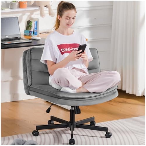 COMHOMA Cross Legged Office Chair with Wheels Armless-Office Desk Chair, Modern Vanity Computer Task Chairs for Home Bedroom, Comfortable Wide Seat for Lower Back Pain Relief, Soft Velvet, Gray