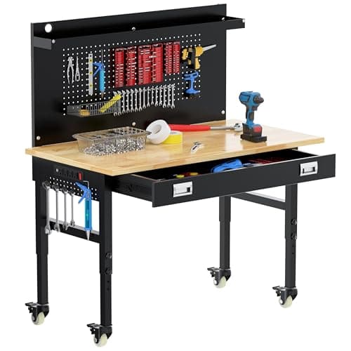 Betterhood 48" Heavy Duty Adjustable Workbench with Large Pegboard, Adjustable Work Table with Power Outlets & Lockable Wheels, Rubber Wood Workstation for Garage, Workshop, Office, Home, Commercial