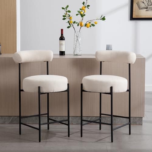Shunzhi Beige Linen Counter Height Bar Stools Set of 2, Modern Barstools Upholstered Boucle Counter Stools with Open Back/Metal Legs for Kitchen Island/Home Bar/Bistro,26''