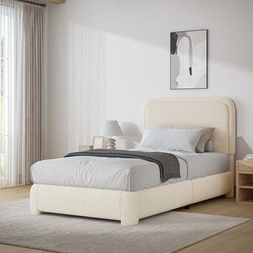 BarnFurin Twin Size Bed Frame,Cloud Boucle Upholstered Platform Bed Frame with Headboard, Soft Rounded Corners, No Box Spring Required, Non-Slip and Noise-Free, Easy Assembly, Cream