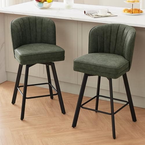 SAECKBERG Swivel Counter Height Bar Stools Set of 2, 26'' Modern Barstools with Backs and Metal Legs, Upholstered Bar Chairs, Faux Leather Green Stools for Kitchen Island Chairs