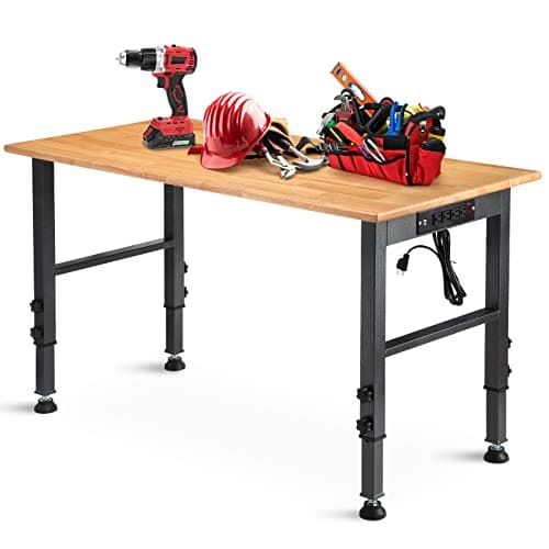 OLBRUS 48 "Adjustable Workbench with Power Outlet, Heavy Duty 2000 LBS Load Capacity Hardwood Workbench Suitable for Workshop, Office, Garage, Home
