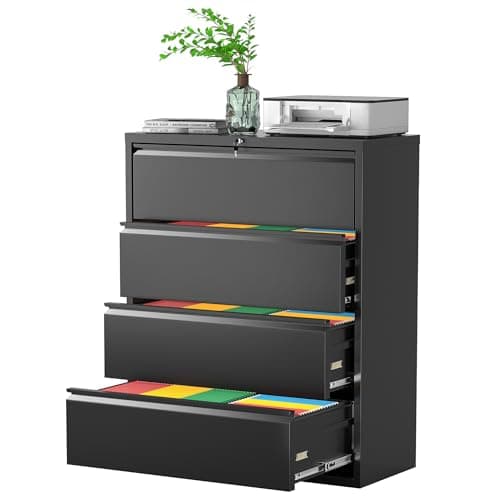 Greenvelly Lateral File Cabinet 4 Drawer, Black Filing Cabinet with Lock, Lockable File Cabinet for Home Office, Locking Metal File Cabinet for Legal/Letter/A4/F4 Size with Hanging Bars&Key