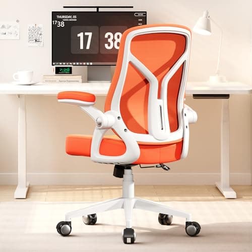Ergonomic Office Desk Chair, PU Leather Home Office Desk Chair, Mesh Mid-Back Computer Chair, Flip-up Armrests Executive Task Chair (Orange)