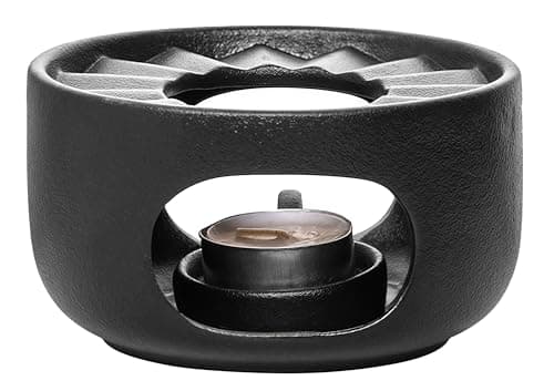Hoffnugshween Stoneware Teapot Warmer with Safety Candle Spoon - Rustic Coarse Pottery Tea Heater Base with Vent Holes, Matte Finish Zen Decor for Glass & Ceramic Teapots, Coffee, Hot Sake (Black)