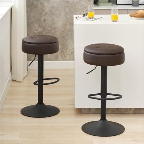 BAKSEA Swivel Bar Stools Adjustable Bar Stool Chair Mondern Bar Stool Round Bar Stools Storage Bar Stools Set of 2 Dark Brown Leather Bar Stool Barstool