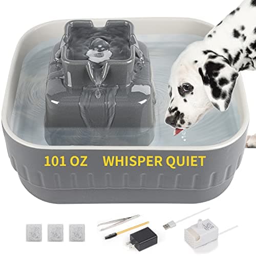 Dog Fountain, 101oz/3L Dog Water Fountain, Ceramic Cat Fountain, Automatic Cat Water Fountain, Healthier Than Plastic Pet Water Fountains, Dishwasher Safe, Easy to Clean, w/3 Replacement Filters, Gray