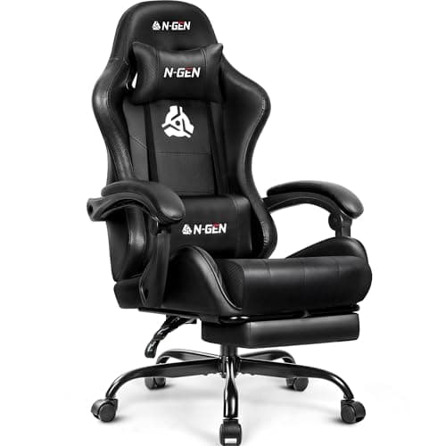 N-GEN GAMING Video Gaming Chair with Footrest Lumbar Support for Home Office High Back Recliner Height Adjustable Ergonomic Comfy Leather Computer Desk Chair (Black)