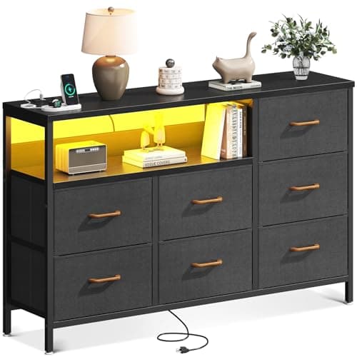 AODK Dresser with LED Lights and Charging Station, 52-Inch Long Dressers for Bedoom with 7 Large Storage Drawers, Fabric Dresser TV Stand with Open Shelves, Dark Grey