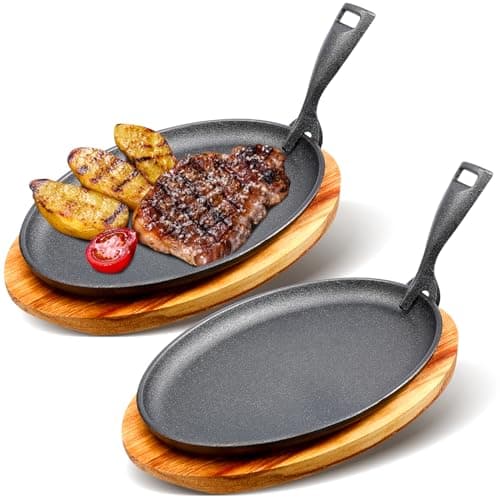 FoldTier 2 Sets Cast Iron Skillet Set 10.63'' x 6.89'' Fajita Plate Sizzling Pan with Wooden Base Anti Scald Protection Removable Handle for Restaurant Kitchen Cooking Accessory BBQ Party