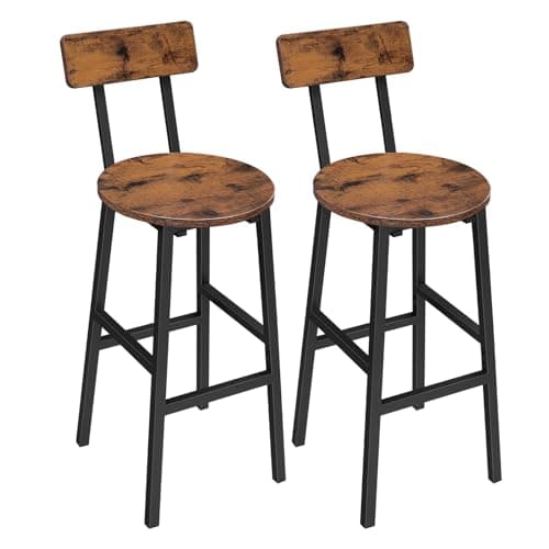MAHANCRIS Bar Stools, Set of 2 Round Bar Chairs with Backrest and Footrest, 24.4" Bar Stools, Counter Stools with Adjustable Feet, for Kitchen, Living Room, Pub, Rustic Brown