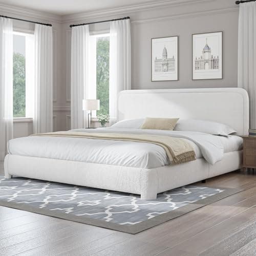 BarnFurin King Size Bed Frame, Cloud Boucle Upholstered Platform Bed Frame with Headboard, Modern Style, Soft Rounded Corners, No Box Spring Required, Easy Assembly, White