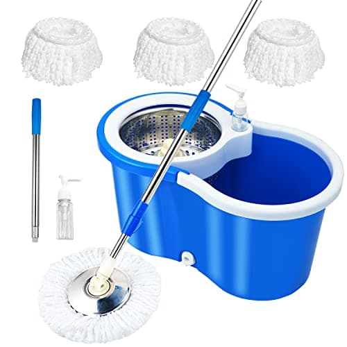 Spin Mop and Bucket with Wringer Set, 360° Mop and Bucket System with 3 Microfiber Mop Refills and 61" Extended Handle, Spinning Mop Bucket for Floor Cleaning, Blue