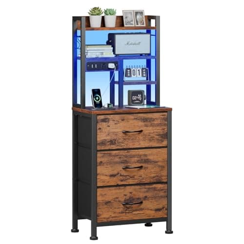Furnulem Tall Night Stand with LED & USB Ports, 45.3inch Nightstand with Open Bookshelf, Bedside Table with 3 Fabric Drawers for Bedroom/Dorm/Office, Rustic Brown Wood-Metal Frame