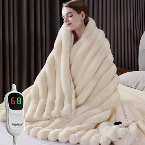 HaloRest Heated Blanket Full Size, Faux Fur Cozy Heating Blanket with Overheat Protection, 1/2/4/6/8 Hours Auto-Off 10 Heat Level, Machine Washable (72x84 Inches, Cream White)
