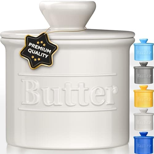 Premium Butter Crock with Lid - Original Design French Butter Dish - Beautiful Ceramic Butter Keeper for Counter with Water Line - Perfect to Keep Butter Soft and Spreadable - White