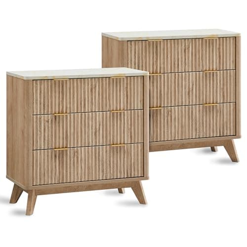 T4TREAM Fluted 3 Drawers Nightstand Set of 2, Oversized Extra Large Modern Side Table with Faux Marble Top, End Table Bedside for Bedroom, Living Room, Curved Profile Design, Natural Oak