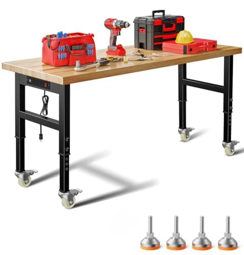 FLAWNT 60" Adjustable Work Bench,Hardwood Top Garage Work Bench Table,Heavy Duty 2000 LBS Load Worktable,Rolling Mobile Workbench with Power Strip for Workshop Office Home