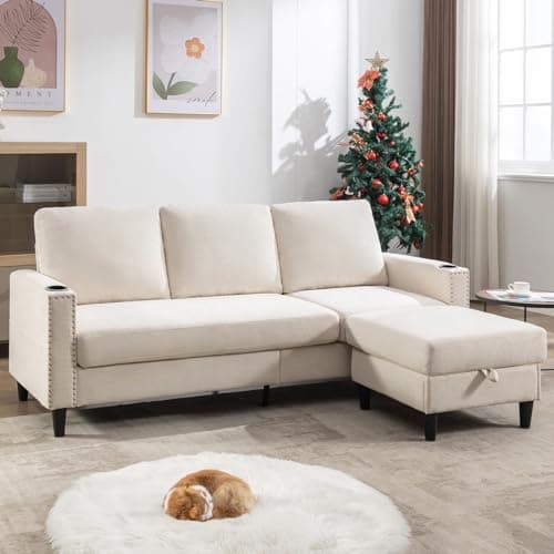 Siiejia Convertible Sectional Couches for Living Room, L-Shaped Couch 3 Seats Sofas with Storage Chaise & 2 Cup Holders, Small Sofa for Apartment, Compact Spaces, Beige