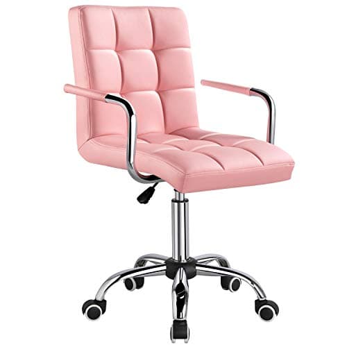 Yaheetech Modern PU Leather Desk Office Chairs with Wheels/Armrests Height Adjustable Home Computer Executive Chair on Wheels 360° Swivel, Pink