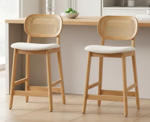 Shunzhi Rattan Counter Height Bar Stools Set of 2 Upholstered Farmhouse Barstools with Cane Back Boho Wood Kitchen Island Chairs Comfy Bar Chairs for Pub/Home Bar, Linen Beige