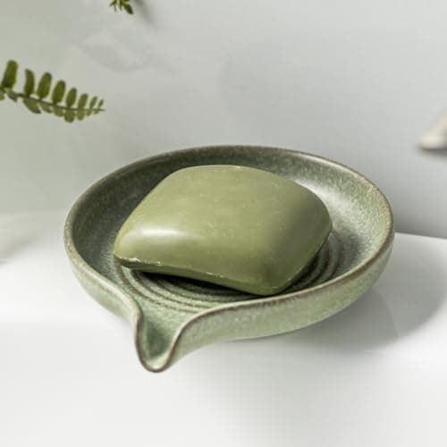 Soap Dishes, Ceramic Shower Soap Dish with Waterfall Design Bar Soap Holder Self Draining Soap Saver for Shower, Bathroom, Sink, Kitchen and Countertop, Green