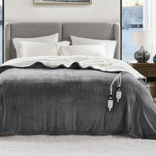 Degrees of Comfort Electric Heated Blanket Queen Size with Dual Control - Soft Flannel Heating Blankets with 6 Heat Settings, 10-Hour Auto Shut-Off, Overheat Protection, ETL Certified - 84x90'', Grey