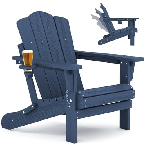KINGYES Adjustable Folding Adirondack Chair, 3-Position Reclining Adirondack Chairs with Cup Holder, HDPE All-Weather Oversized Adirondack for Outdoor, Patio, Backyard Deck, Fire Pit, Blue