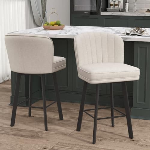 SAECKBERG Swivel Counter Height Bar Stools Set of 2, 26'' Modern Barstools with Backs and Metal Legs, Upholstered Bar Chairs, Beige, Fabric Stools for Kitchen Island Chairs