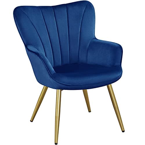 Yaheetech Velvet Accent Chair, Modern Armchair Vanity Chair with Wing Side and Metal Legs, Cozy and Soft Padded and High Back for Living Room/Home Office/Bedroom, Blue