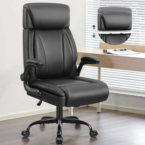 BestGlory Leather Office Chair, Big and Tall Office Chair Executive Breathable PU Computer Chair with Lumbar Support, High Back Home Office Desk Chair with Flip-up Armrests, Adjustable Headrest