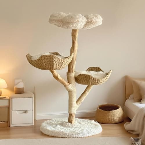 CAMTTIR Modern Cat Tree Tower, 45” Wooden Cat Tree for Indoor Cats Large Adult, Real Solid Luxury Cat Condo with Scratching Post for Multi-Cat Households