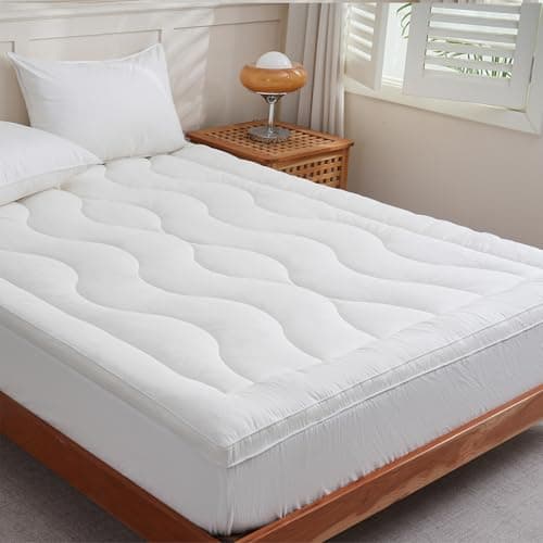 YOUR MOON 100% Organic Wool Mattress Topper Queen – 2 Inch Thick Pillow Top Mattress Pad, 700GSM Natural Wool Filling, Back Pain Relief Bed Topper with Cotton Cover-16'' Depth, 60"x80" (Striped White)