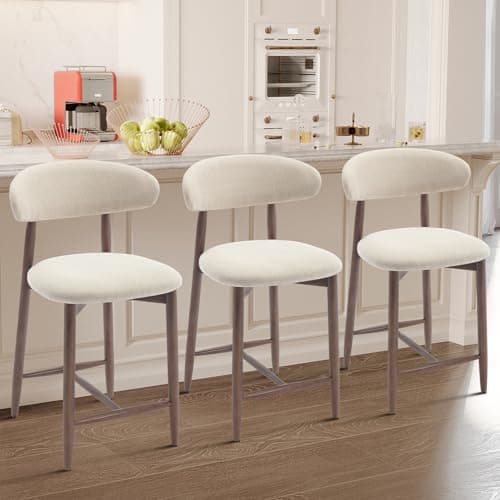COLAMY Counter Height Bar Stools Set of 3, Kitchen Bar Stools with Back, Mid Century Modern Upholstered, with Wood Legs for Kitchen Island Dining Room Bar, Beige