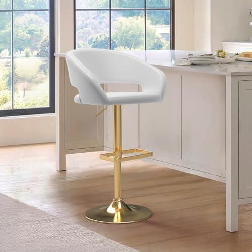 Adjustable Swivel Bar Stool with Arms, Hollow Back & Footrest, Modern PU Leather Counter Height Stools, Gas Lift Bar Chair for Kitchen Island, Home Bar, Dining Room (Pearl White, Gold Base)
